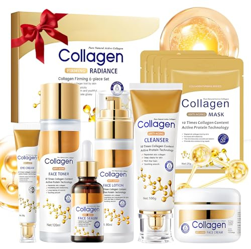 Skin Care Set, Gesichtspflege Set Damen mit Collagen, Skincare Set Enthält Collagen Creme für Gesicht, Gesichtsreiniger, Face Toner, Collagen Serum, Augencreme, Kollagen Maske, 11 Stück