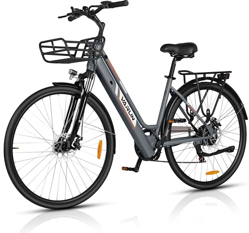 VARUN E-Bike Damen 28 Zoll City Bike Tiefeinsteiger | 36V 360Wh Akku | Drehmomentsensor | 3 Modi, 6-Gang, LCD | CE, mit Korb & Gepäckträger | 90% vormontiert