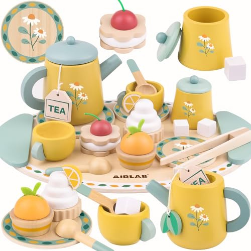 Teeservice Kinder Spielküche Zubehör aus Holz, Kinderküche Zubehör Tee Set | Kinderzubehör Teeparty Set mit Zuckerwürfeln, Zange und Dessert, Pädagogisches Rollenspiel Geschenk für Kinder Mädchen Jungen