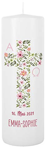 Striefchen® Kerze für Mädchen zur Taufe/Kommunion/Konfirmation mit Namen und Wunschtext Blumenkreuz