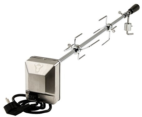 BBQ-Toro Universal Grillspieß Set 90 cm | inkl. 2X Fleischnadeln, Lager, Ausgleichsgewicht und Motorhalterung | 220V - 240V Edelstahl Motor | Drehspieß für Gasgrill, Rotisserie