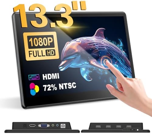 Golday Industrie Monitor Tragbarer 13.3 Zoll FHD IPS Touchscreen Display 1920x1080 300cd/m² VGA HDMI Lautsprecher für Xbox/Laptop/PC/PS4/5 (133TPINCH)