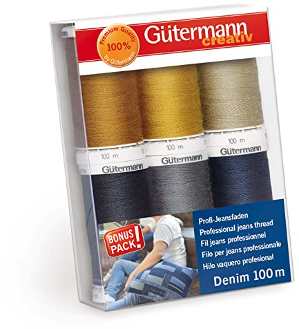 Gütermann creativ Nähfaden-Set mit 6 Spulen Profi-Jeansfaden Denim 100 m in den typischen Jeanssteppfarben