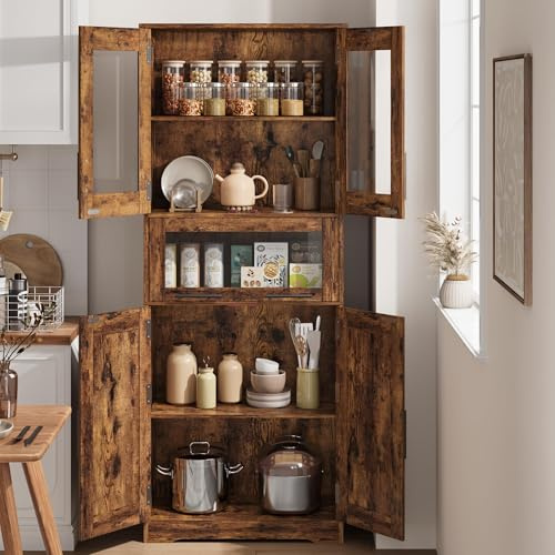 Litake Badezimmerschrank, Badschrank Schmaler Badschrank mit 4 Türen, Verstellbarer Ablage& 1 Schublade, Hochschrank Küchenschrank, 60x30x170cm,Vintagebraun