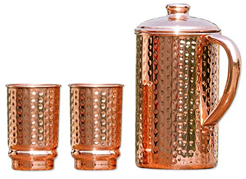 Ayurveda-Krug und Becher aus reinem Kupfer, gehämmertes Design, Krug mit 2 Bechern