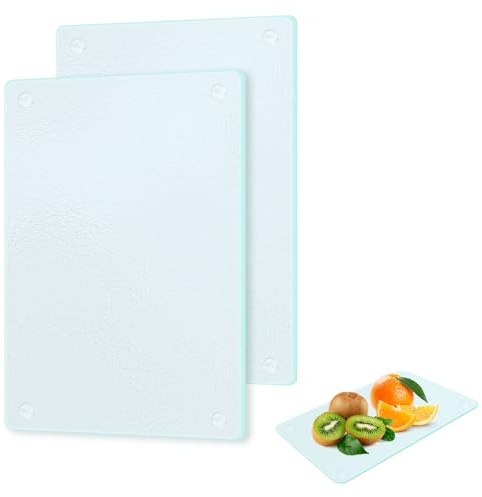 Schneidebrett Glas 2 Stück Glasschneidebrett Glasplatte mit Rutschfesten Silikonfüßen Gehärtetem Glas Schneidebrett zum Kochen Backen Gemüsezubereiten in der Küche (28X20 cm)