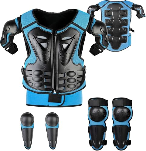 Fansport 5 Stück Motorrad Schutz Jacke,Kinder Motorrad rüstung mit Knieschoner Ellbogenschoner Brustpanzer Racing,für Outdoor Sport - 4/6/8/10/12/14 Jahre (Blau)