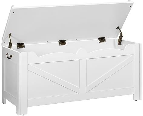 Hzuaneri Schuhbank, Sitzbank mit Stauraum, Sitztruhe, 2 Stabilen Scharnieren, Aufbewahrungsschrank, 40 x 100 x 48 cm für Flur, Wohnzimmer, X Stabiler Rahmen mit Überdachung, Weiß SB04503X