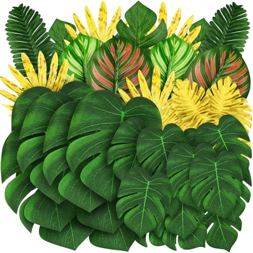QUOZUO 50 Stück künstliche tropische Blätter, Monstera, für Dschungel, Geburtstag, Hawaii, Dekoration, Grün und Gold