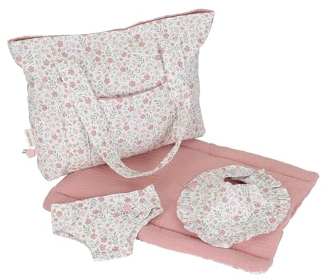 Little Dutch Puppenwickeltasche Pflegetasche Wickeltasche für Puppen groß inkl. Wickelunterlage, Stoffwindel und Lätzchen 4-teilig - Soft Flowers rosa