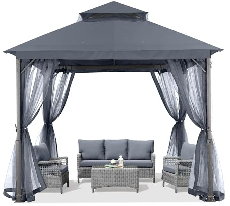 ABCCANOPY Pavillon 2.5x2.5m Wasserdicht Stabil Winterfest Gartenpavillon，Doppeldachweichdach Hinterhof-Partyzelt mit Netz für Schatten und Regen,Grau