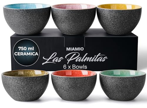 MIAMIO - 750 ml, Schüsseln 6er Set, Keramikschüsseln, Salatschüsseln, Suppenschalen, Müslischüsseln, Servierschüsseln - mikrowellen- und spülmaschinenfest - Las Palmitas Collection