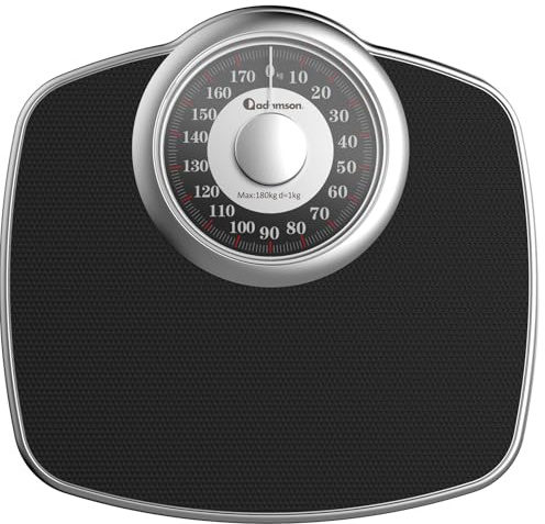 Adamson A25 Personenwaage – bis zu 180 kg – 5,3 Zoll Zifferblatt auf 31 x 30 cm großer Plattform – Rutschfeste Gummioberfläche – Hochpräzise analoge Personenwaage – 20 Jahren Garantie - Silber