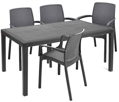 Dmora - Outdoor-Loungeset Roccaraso, Outdoor- und Indoor-Loungeset, Fester rechteckiger Tisch mit 4 stapelbaren Stühlen, Made in Italy, Anthrazit