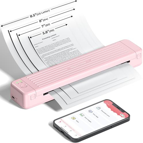 ASprink Mobiler Drucker A4 für Unterwegs, Thermodrucker A4 P831 für US Letter/A4/B5/A5, Drucker Klein Kompakt für Normalpapier/Thermopapier mit 1 P831 Use Ribbon - Rosa
