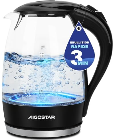 Aigostar Glas Wasserkocher 1,7 Liter - Kabelloser Elektrischer Teekocher 2200W mit blauer LED-Beleuchtung, Verdicktes Borosilikatglas, BPA-frei, Kalkfilter, Trockengehschutz, Schwarz