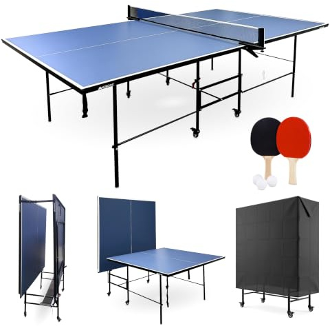 Mobiclinic®, Klappbare Tischtennisplatte, 274 x 152,5 x 76 cm, Inklusive Netz und Schutzhülle, 2 Paddel, 3 Bälle, 360°-Räder mit Schloss, Tokyo, Tragegriffe, Blau