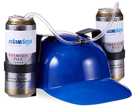 Relaxdays Party Trinkhelm, Helm mit Schlauch, für 2 Dosen Bier, Spaßartikel Fasching u. Fußball, Blau