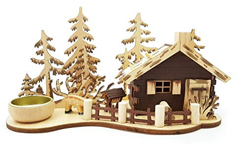 Wichtelstube-Kollektion Räucherhäuschen Holz - Hochwertiges, Handgefertigtes und Handbemaltes Räucherhaus Holz, Detailreich, beleuchtet Dank Teelicht, Echtholz, Räuchermännchen