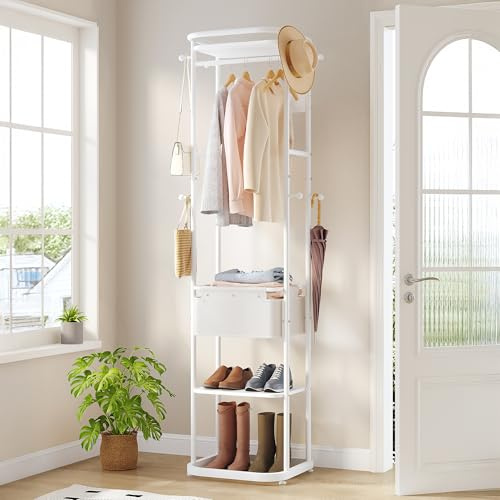 Hzuaneri Garderobenständer, 3 Ablagen, 11 Haken, Weiß | Großer Aufbewahrungskorb, 40 x 44,5 x 182 cm, Für Schlafzimmer, Flur, Eingangsbereich, CR34703W