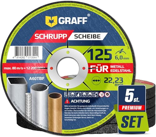 Schruppscheiben 125 Metall und Edelstahl – Schleifscheiben für Winkelschleifer und Flex 22.23 mm Bohrung – Flexscheiben 125 Metall GRAFF 5 Stück