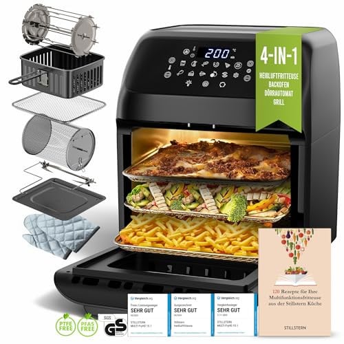 Stillstern Heißluftfritteuse XXL 12L, 1800W, Schwarz, 12 Programme, Dörrautomat, Mini Backofen, Grill