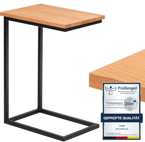 LAMO Manufaktur Beistelltisch | Laptoptisch | Sofatisch | mobiler Kaffeetisch | Nachttisch | 50x35x67 cm | Gestell Schwarz | 100% Echtholz Massiv Platte Farbe: Natur