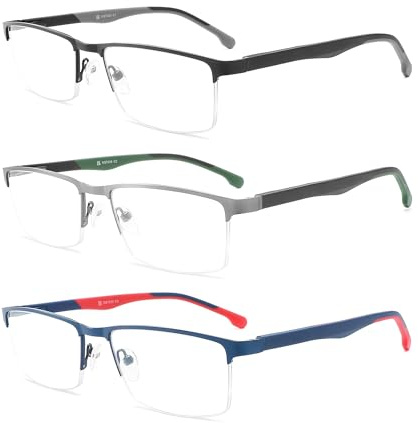 MODFANS 3er-Pack Lesebrille Herren Blaulichtfilter Metallrahmen Rechteck Stil Edelstahl Material