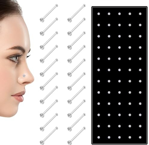 JJUNW 60 Stück Nasenpiercing Stecker, Edelstahl Nasenstecker Silber Nase Stecker mit Strass Gerade Stolzenstangenstiftstahl Stecker Schmuck (1,5 mm)
