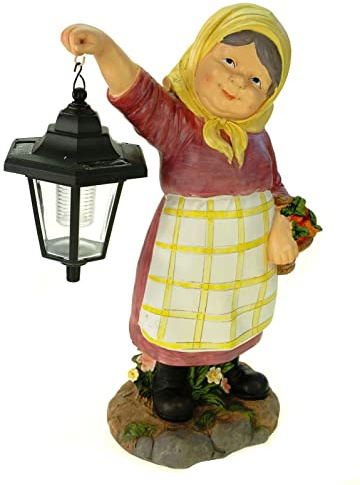 Kremers Schatzkiste Gartenfigur Oma Edeltraud mit Solarlaterne und Korb 39 cm