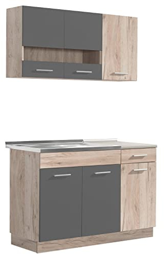 Homestyle4u Küchenzeile 120 cm Grau Eiche - Singleküche ohne Geräte | Küchenblock mit Unterschrank, Hängeschränken & Arbeitsplatte – modular erweiterbar, Breite 120 cm