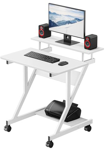 Dripex Computertisch mit Rollen Z-förmiger Schreibtisch, Weiß | Mobiler Laptoptisch mit Regalen für kleine Räume, Home Office 70x60x73CM