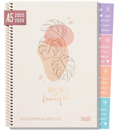 Häfft® College-Timer A5 2025/2026, Schülerplaner mit Sprüchen und Stickern "Life is beautiful" Schulplaner Hausaufgabenheft - nachhaltig & klimafreundlich