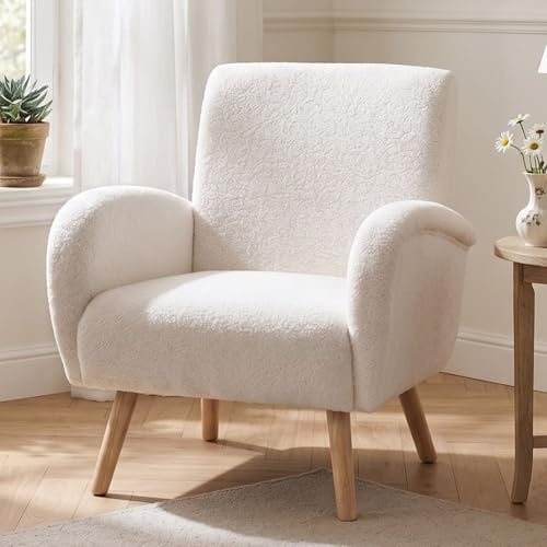 chairus Kunstfell Loungesessel Ohrensessel für Wohnzimmer Polstersessel Einzelsofa für Schlafzimmer Akzentstuhl Relaxsessel mit Holzbeinen (Weiß)