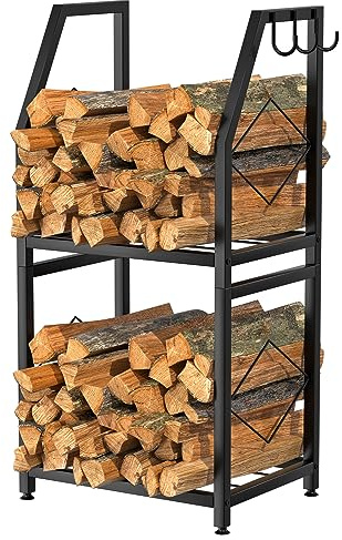 VyGrow 2-stöckiges Kaminholzregal mit 3 Haken, robustes Holzregal für den Außenbereich und Terrasse, schwarz, 30 cm D x 39,9 cm B x 81 cm H