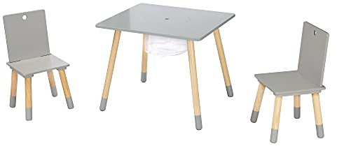 roba Kindersitzgruppe aus Holz mit Stauraum - Kindermöbel Set aus 2 Kinderstühlen & 1 Tisch - Kindertisch Set inkl. Aufbewahrungsnetz - Grau / Natur