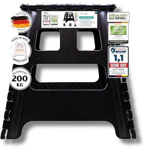 VERGLEICHSSIEGER - Alason® Tritthocker Klappbar 39cm, Belastbar bis 200kg – Mit Aufhängehaken & Aufbewahrungstasche – Platzsparender, Faltbarer Hocker in Anthrazit/Schwarz für Zuhause, Küche & Bad