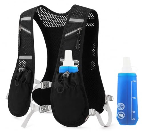 Laufweste Damen Herren mit Trinkflasche, Verstellbare Brustgurte | Trinkrucksack Weste Ultraleicht Reflektierender Laufweste mit 250ml Wasserflasche, für Laufen, Radfahren, Outdoor