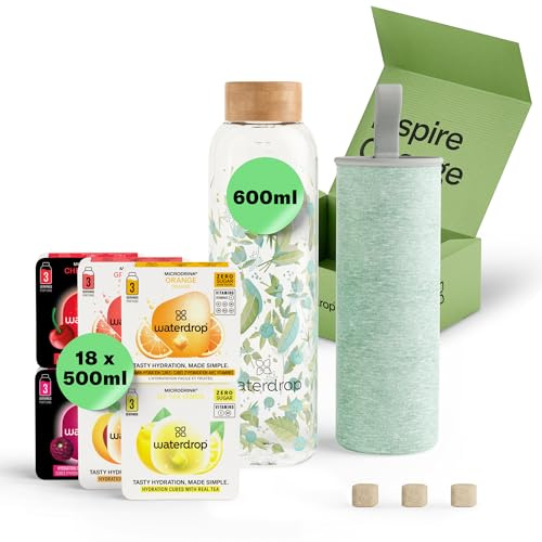 waterdrop® Flasche aus Glas 600ml inkl. 18 zuckerfreie Drops - Geschenk für Frauen - Probierpaket mit Wasserflasche, Flavor Drops & Vitaminen - auslaufsichere Trinkflasche & Kohlensäure geeignet