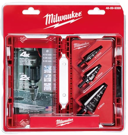 Broca escalonada kit de 3 unidades 4 a 12mm - paso de 1mm 4 a 20mm - paso de 2mm 6 a 35mm - paso de 2 y 3mm - 3pc Set 4 to 12mm 1mm steps 4 to 20mm 2mm steps 6 to 35mm 2mm & 3mm steps