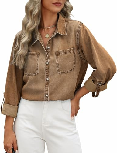 CMTOP Damen Jeanshemd Button Down Jeansbluse Langarmshirt Elegant V-Ausschnitt Jeansjacke Lässig Oberteile Hemdbluse Langarm Locker Tuniken mit Brusttaschen