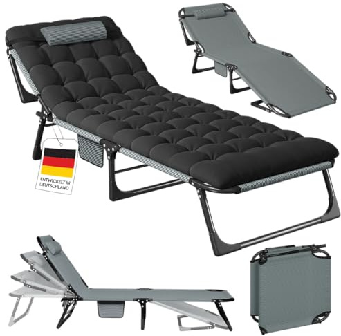 STEELSØN Nysaris Sonnenliege Klappbar – Strandliege in Schwarz – Outdoor Gartenliege wetterfest – Liegestuhl mit Polsterauflage – leichte Campingliege verstellbar mit Seitentasche – bis 180 kg