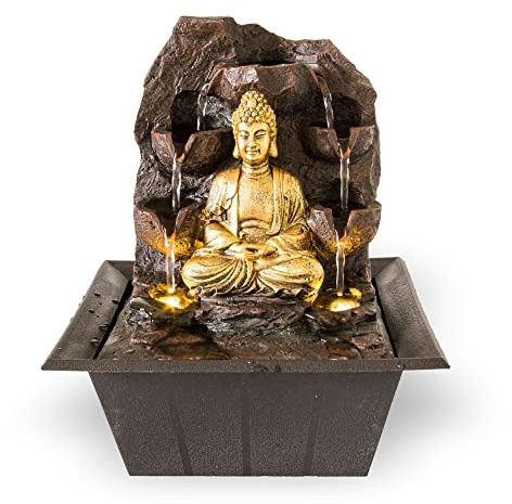 Lemodo Zimmerbrunnen Goldener Buddha mit LED-Beleuchtung | Tischbrunnen mit Wasserfall | dekorativer Zierbrunnen in Felsenoptik | Zen Wohlfühlbrunnen für Zuhause