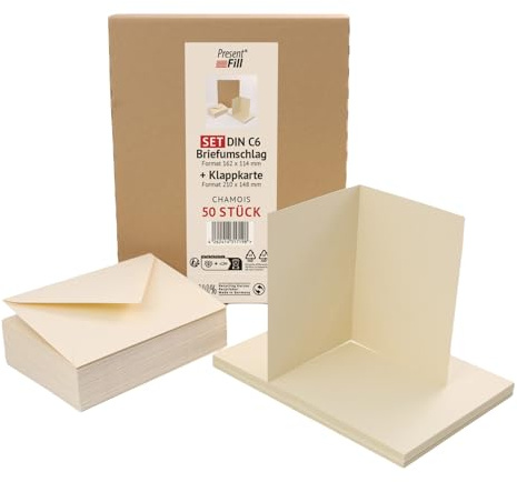 PresentFill 50er Set blanko Falt-Karten inkl. Briefumschläge ohne Fenster Beige Creme I Klappkarten DIN A6 I Umschläge C6 I Made in Germany I 100% Recycling Kraftpapier I Blauer Engel zertifiziert