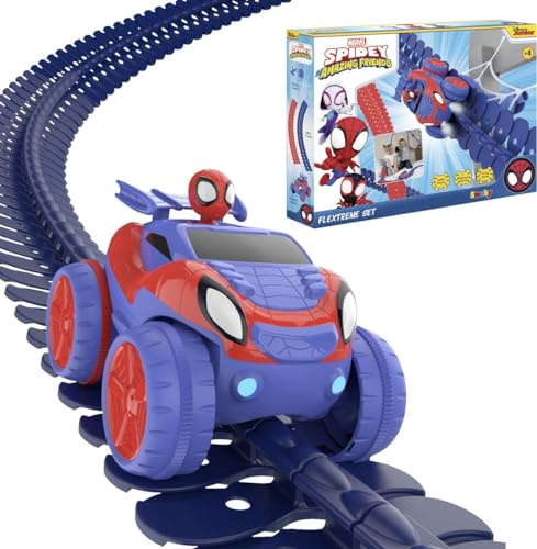 Smoby Toys - Spidey FleXtreme Rennbahn-Set (blau-rot) - flexible Kinder-Rennbahn inkl. 184 Schienenteile (4,40 Meter), Spidey Rennauto & Spinnennetz