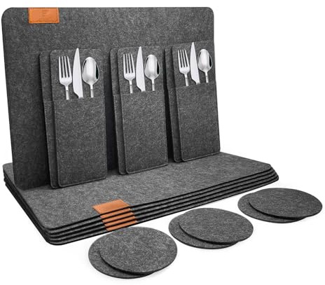 shinfly Tischsets Abwaschbar Platzsets aus Filz 18er Set, Abwischbar Tischsets, Hitzebeständig rutschfest Platzdeckchen mit Untersetzer, BestecksäCken für Küche, Speisetisch, 44x31cm【Anthrazit】