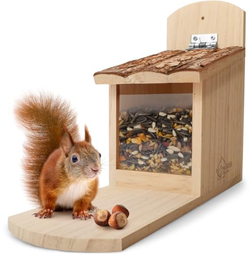 WILDLIFE HOME Eichhörnchen Futterhaus stabil aus Massivholz mit Rindendach - Wetterfest, Eichhörnchenhaus, Futterstation zum Eichhörnchen füttern, Eichhörnchenfutterhaus