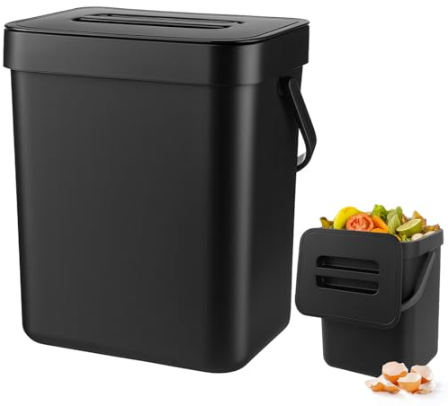 Zyluniy Komposteimer Küche 3L, Biomülleimer Küche Klein, Hängend Biomülleimer, Kleiner Mülleimer für Arbeitsplatte, Behälter mit Deckel, Komposter für Büro, Zuhause, Badezimmer, Schlafzimmer, Schwarz