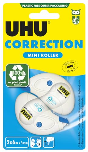 UHU Correction Roller Mini, Handliche Korrekturroller zum schnellen, sauberen und zeilengenauen Korrigieren von Texten, weiß deckend, 6 m x 5 mm