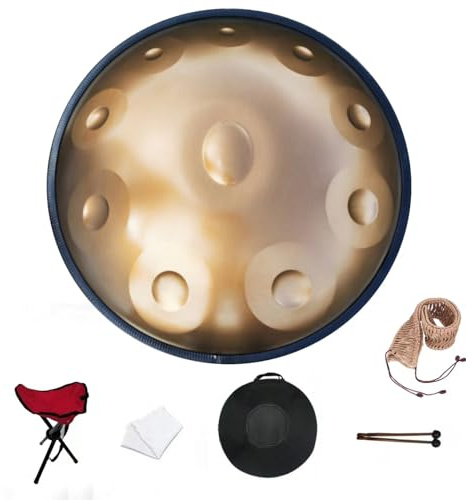 Elsebal Handpan-Trommel, 55,9 cm, D-Moll, 10 Noten, 440 Hz, für Erwachsene, Stahl, goldfarben, mit Zubehör